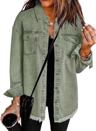 Generic Cocila Denim Jackets Women UK Button Down Windproof Casual Long Frayed Hem Shacket Coats Washed 2025 Jean Solid Color Lightweight Stretch Boyfriend Je