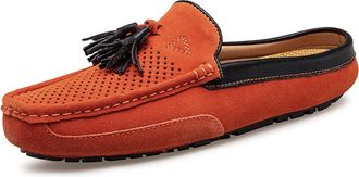 Generic Mens Loafers Genuine Leather Tassel Stitching Details Perforated Breathable Mule Loafer Anti-Slip Comfortable Flexible Slip Resistant Flat Heel(Light 