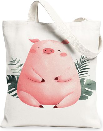 Generic Cute Pigs Canvas Tote Bags, Adorable Animal Design Reusable Grocery Bags, Summer Fanciful Chic Lightweight Washable Shoulde, White, 13x15 Inch