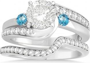 Allurez Blue Topaz & Diamond Swirl Engagement Ring & Band Bridal Set 14k White Gold 0.58ct