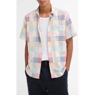 Barbour Oakshore Patchwork Print Short Sleeve Slub Cotton Button-Up Shirt in Red at Nordstrom, Size X-Large