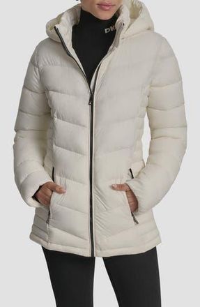 DKNY Cire Packable Hooded Puffer Jacket in Ivory Stretch at Nordstrom Rack, Size Large