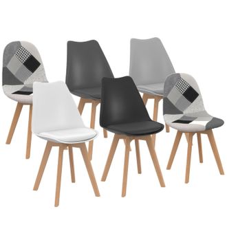 IDMarket Set Di 6 Sedie Sara Grigio Scuro, Grigio Chiaro, Bianco, Nero E Patchwork Nero, Grigio E Bianco