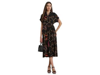 Lauren Ralph Lauren Petite Belting-Print Belted Crepe Dress Womens Dress Black : 14P, Polyester