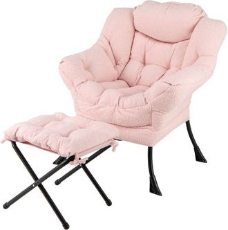 Costway Lazy Chair Modern Accent Chair with Ottoman & Folding Footrest-Pink