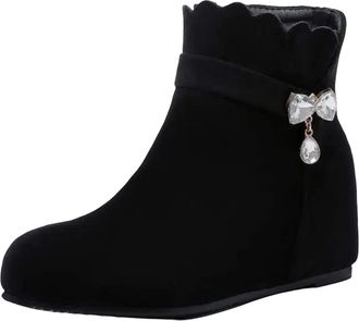 Generic Womens Casual Ankle Boots Round Toe Hidden Wedge Heel With Side Zipper And Crystal Decoration Daily Short Booties