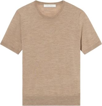 Brooks Brothers Relaxed Diamond Merino Short Sleeve Sweater - Dames - Ronde hals truien - Beige - L - Wol - Truien & Vesten