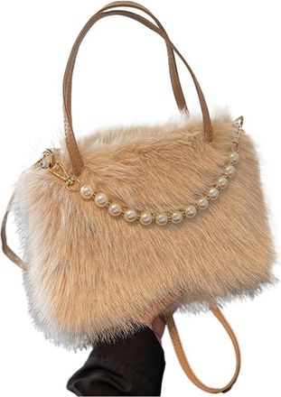 Generic Womens Plush Bags Pearl Handle Womens Plush Crossbody Bag Portable Handbag Winter Fashion Casual Shoulder(Khaki)