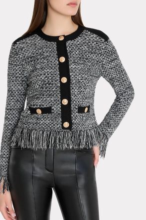 Milly Textured Fringe Cardigan Jacket In Black/gold Multi