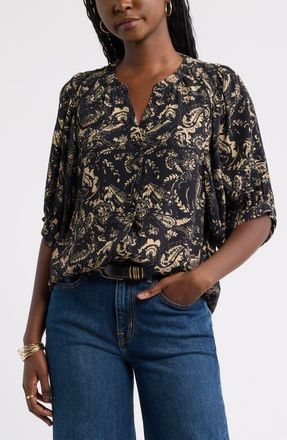 Treasure & Bond Raglan Sleeve Button-Up Shirt in Black Overlay Paisley at Nordstrom, Size Xx-Small
