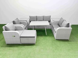 Fimous Rectangular Table Sofa Set with Reclining Chair Big Stool 2 Side Table in Light Grey