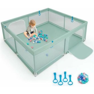 Costway Costway Parque Infantil Bebe 200 X 180 X 68 Cm, Corralito Bebe Con 50 Bolas, 4 Anillos, Malla Transpirable Suave, Asas, Valla Para Beb&eacute;s Con Puerta, B