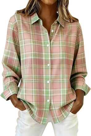 Generic Checked Shirt Womens Plaid Shirt Casual Long Sleeve Shirts Button Down Flannel Shirt Cowboy Boyfriend Shacket Jackets Basic Blouse Tops Classic Ladies
