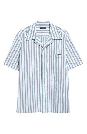 Dolce & Gabbana Stripe Crinkled Cotton & Silk Blend Poplin Camp Shirt in S8051 Rigato at Nordstrom, Size 41