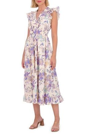 Vince Camuto Floral Ruffle Cotton Midi Dress in Blue at Nordstrom Rack, Size 10