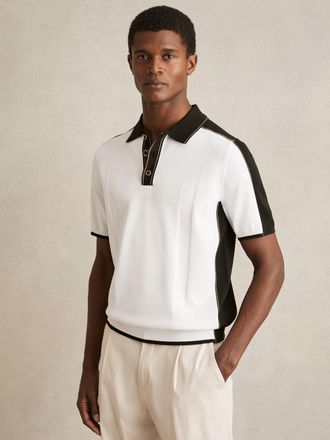 Reiss Optic White & green Colour-block Knit Polo Shirt, XL