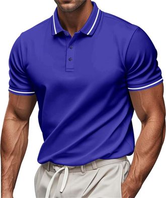Generic Polo Shirts for Men Golf Short Sleeve Big and Tall Dress Casual T Shirt Button-Down Polos Slim Fit Summer Collared Trendy Shirts B-Blue