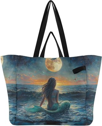 Generic Mermaid Moon Blue pattern Reusable Canvas Tote Bag, Heavy Duty Grocery Shopping Bag with Double Handles Hard Bottom Large Capacity Work Groceries Trav