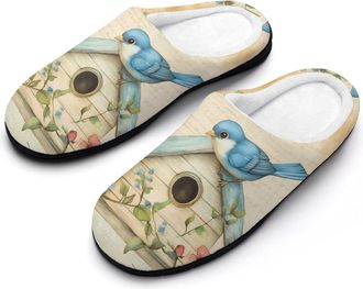 Generic Blue Jay Bird Birdhouse Flower Womens Slippers Warm House Slippers Indoor House Shoes with Anti-Skid Rubber Sole