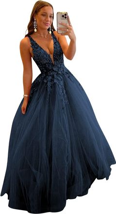 Generic Sweet Tulle Princess Prom Dresses Deep V-Neck Backless Ball Gowns Long Lace Applique Quinceanera Dress for Teens Navy Blue