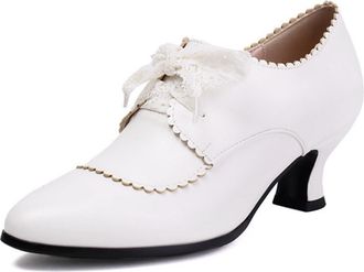 Generic Womens PU Leather Lace-Up Pumps Pointed Toe Low Stiletto Heel Scalloped Edge Lace Bow Decoration Soft Lining Reinforced Stitching Stylish Shoes,White,