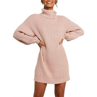 Generic Long Jumpers for Women UK Trendy Polo Neck Ribbed Knitted Jumpers Autumn Winter Pullover Tunic Sweaters Dressy Casual Turtleneck Sweaters Dress High N