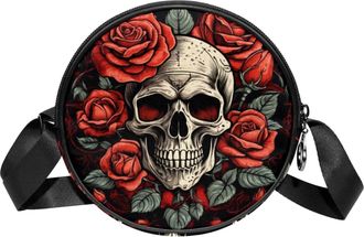 Generic Circle Crossbody Bag for Women, Skulls Flowers Small Sling Bag Daypack with Zipper Adjustable Shoulder Straps Casual Ladies Girls Round Purse