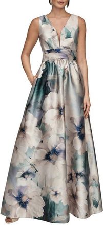 DKNY Floral Plunge Neck Ball Gown in Laurel Multi at Nordstrom, Size 16