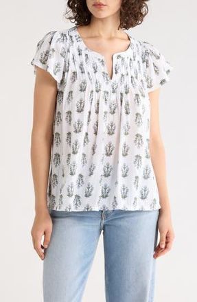 Lucky Brand Floral Cap Sleeve Cotton Top in White Multi at Nordstrom Rack, Size X-Large