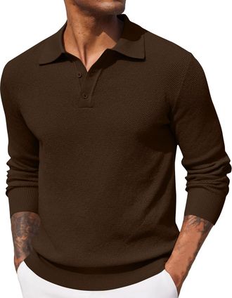 Generic Long Sleeve Polo Shirts for Men UK Slim Fit Lightweight Casual Work Golf Shirt Slim Summer Fall Button Lapel Pullover Tees, Coffee, XL