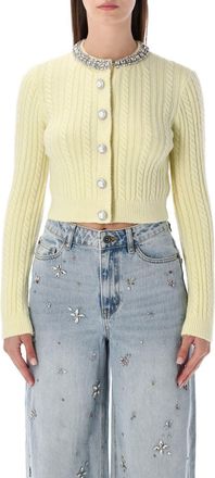 Self Portrait Yellow Wool Cropped Cardigan With Crystal Collar