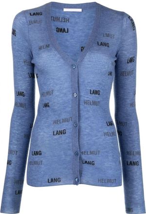 Helmut Lang ribbed-knit logo-print cardigan - women - Wool - M - Blue