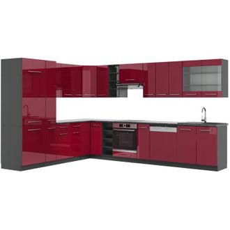 Vicco Cucina angolare completa Fame-Line, Bordeaux lucido/antracite, 347 x 257 cm senza piano di lavoro