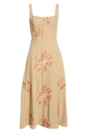 Moon River Placed Embroidered Floral Midi Dress in Mocha Multi at Nordstrom, Size X-Small
