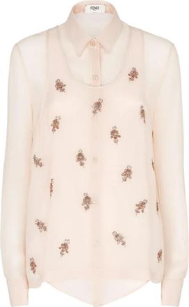 Fendi Geborduurde Georgette Top - Dames - Overhemden - Roze - S - Pailletten - Overhemden