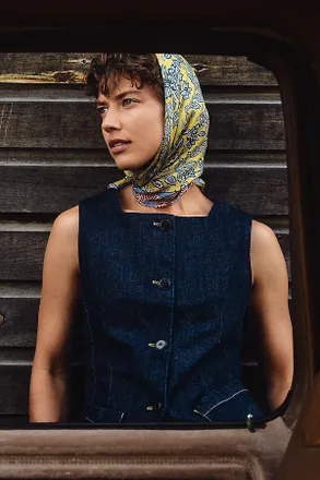 Maeve Square-Neck Cutaway Denim Vest Jacket