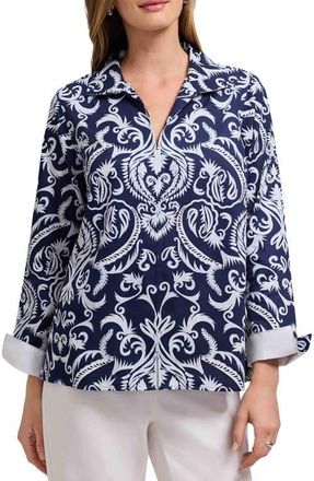Foxcroft Agnes Florentine Damask Three-Quarter Sleeve Cotton Popover Top in Navy Blue/White at Nordstrom, Size X-Large