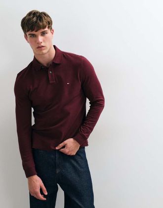 Tommy Hilfiger polo a maniche lunghe con logo bandiera in bordeaux-Rosso