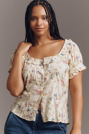 Pilcro Sheer Ruffle Puff-Sleeve Blouse