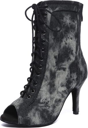 Minitoo Dance Heels for Women Sexy Boots Lace up Latin Ballroom Evening Sandal Booties L608 Denim Black 8.5cm Heel UK 3