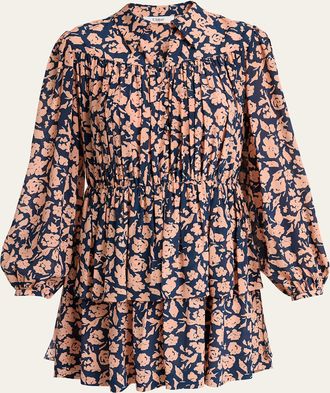 Chlo&eacute; Floral-Print Silk Crepe De Chine Ruffle Mini Shirtdress