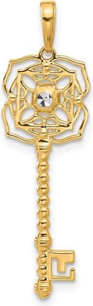 Diamond2Deal 14k Yellow Gold White Rhodium Diamond-Cut Floral Key Pendant