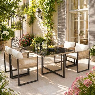 Merax Garden Dining Set with Glass Table & 4 Chairs in Beige
