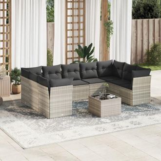 vidaXL Set Sof&aacute;s Jard&iacute;n 10 Pzas Con Cojines Rat&aacute;n Sint&eacute;tico Gris Claro Vidaxl
