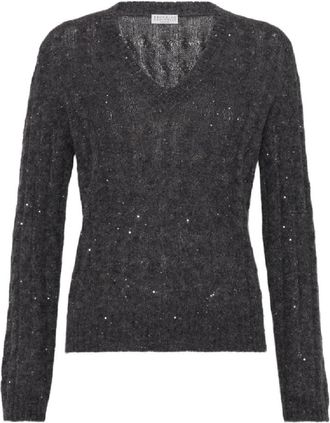 Brunello Cucinelli Elegante V-hals Gebreide kleding - Dames - V-hals truien - Zwart - L - Truien & Vesten