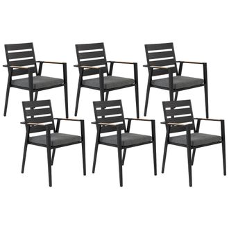 Beliani Conjunto De 6 Sillas De Jard&iacute;n De Metal Negro Gris Madera Clara Cojines Taviano