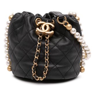 Chanel Black Mini Quilted Calfskin About Pearls Drawstring Bucket Bag
