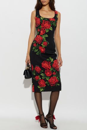 Dolce & Gabbana Silk Dress With Floral Motif, Womens, Black