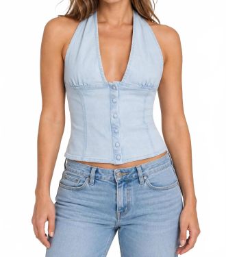 Free People Ramona Denim Halter Top In Light Sky