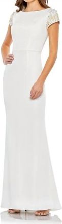 Mac Duggal Beaded Cap Sleeve Column Dress In White